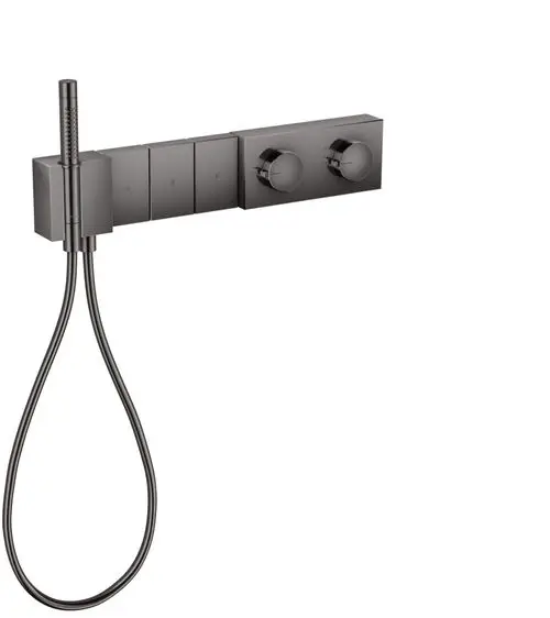 AXOR Thermostatmodul mit zwei Drehreglern und einem Handbrauseanschluss in poliertem Schwarz. Geeignet für die Wandmontage und drei Verbraucher.
